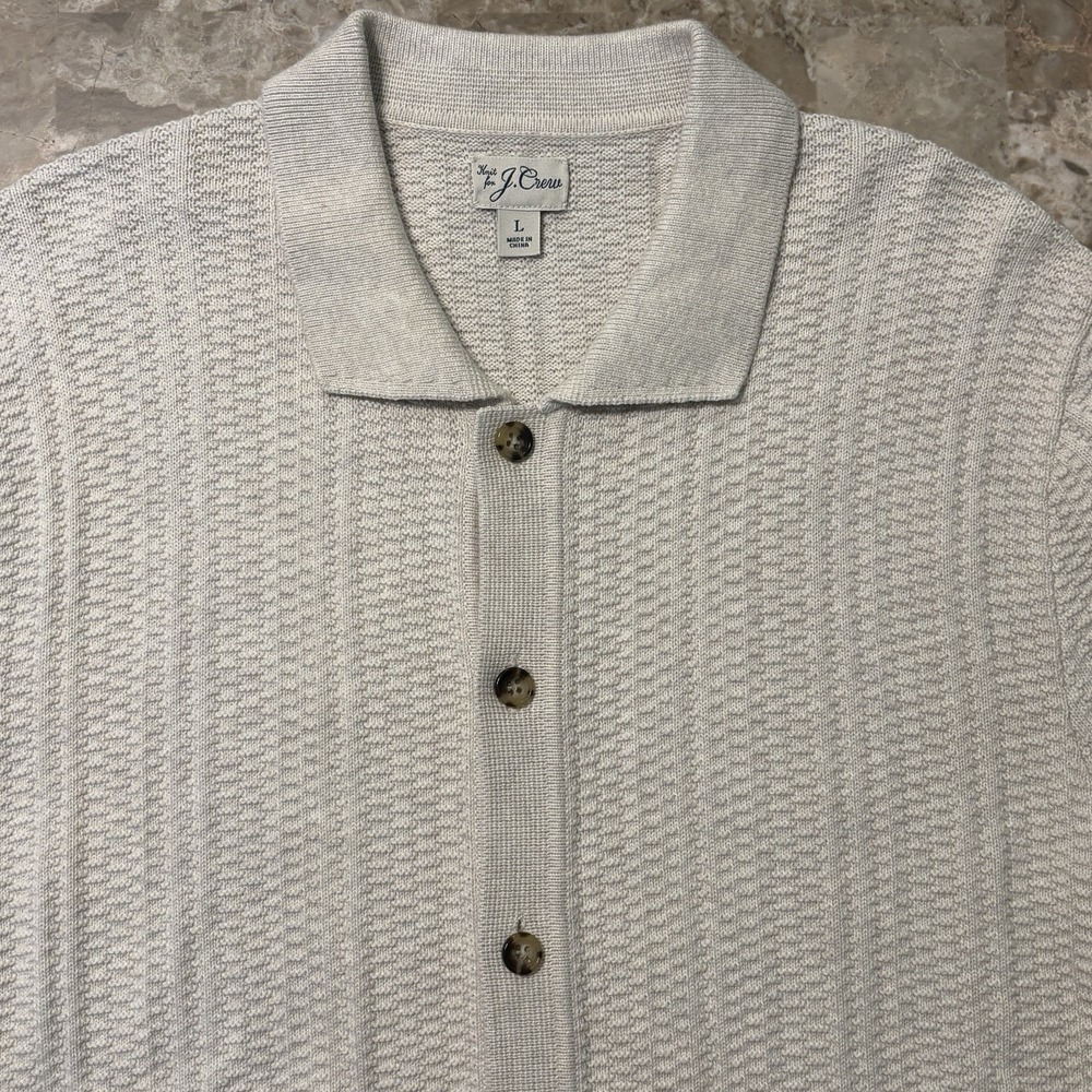 J Crew Shirt Mens Large Tan Textured Cardigan Polo Sweater Short Sleeve Button